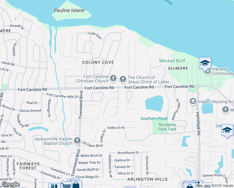 map of restaurants, bars, coffee shops, grocery stores, and more near 7716 Manassas Court West in Jacksonville