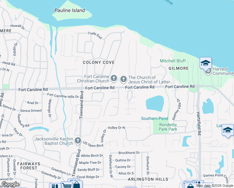 map of restaurants, bars, coffee shops, grocery stores, and more near 7716 Manassas Court West in Jacksonville