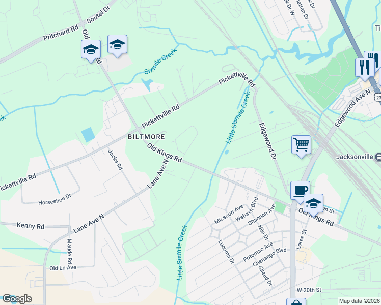 map of restaurants, bars, coffee shops, grocery stores, and more near 5627 Old Kings Road in Jacksonville