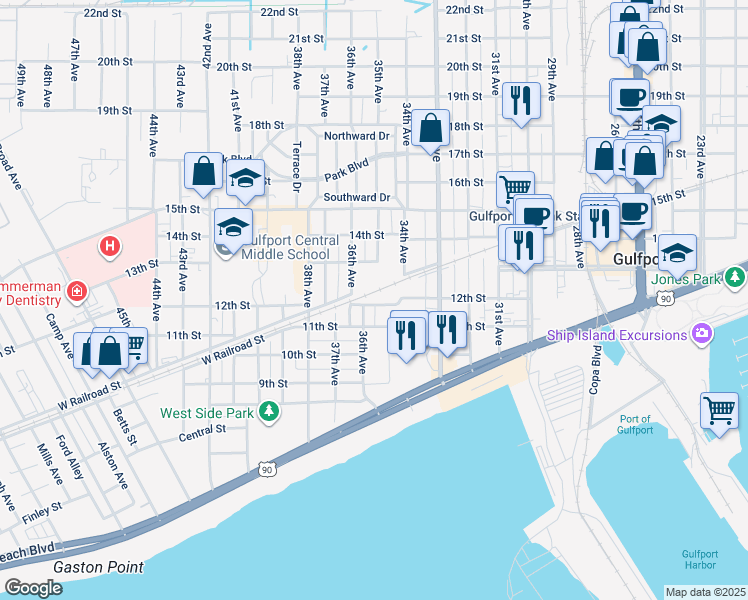 map of restaurants, bars, coffee shops, grocery stores, and more near 3408 12th Street in Gulfport