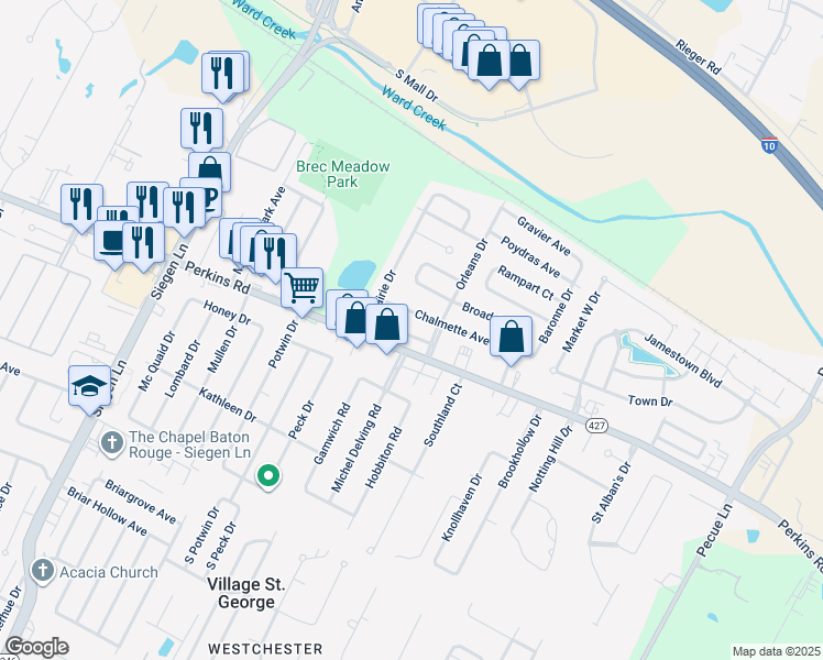 map of restaurants, bars, coffee shops, grocery stores, and more near 13730 Chalmette Avenue in Baton Rouge