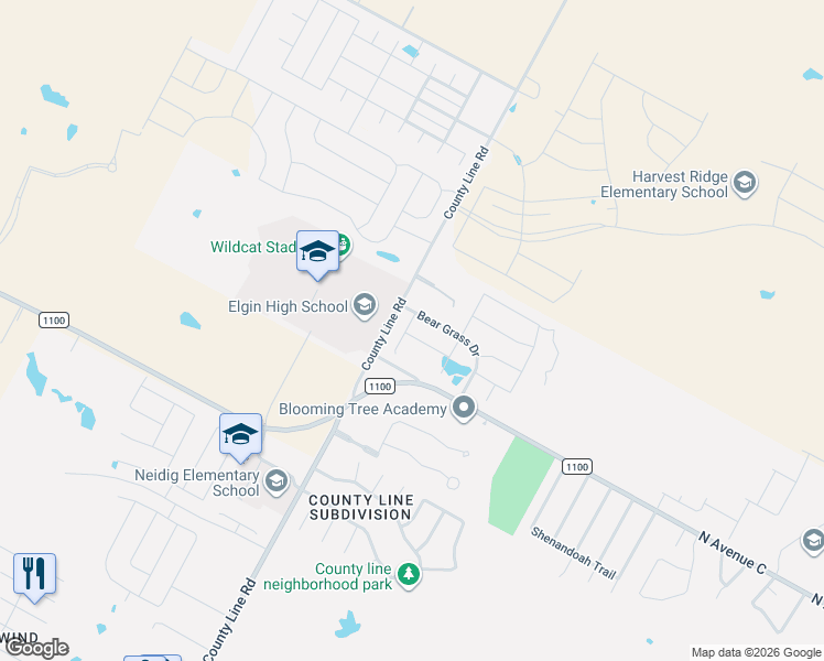 map of restaurants, bars, coffee shops, grocery stores, and more near 19000 Bear Grass Drive in Elgin