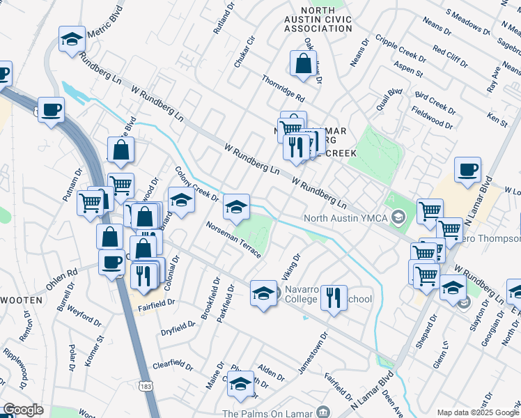 map of restaurants, bars, coffee shops, grocery stores, and more near 1306 Colony Creek Drive in Austin