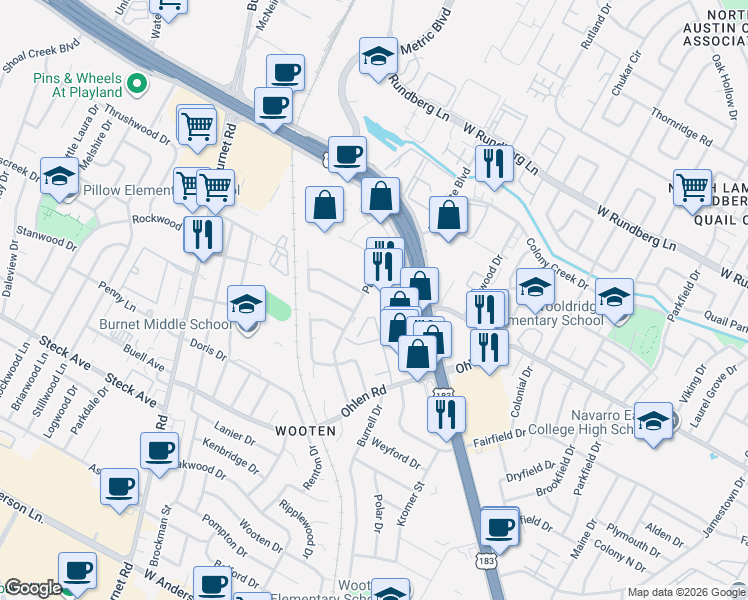 map of restaurants, bars, coffee shops, grocery stores, and more near 8615 Putnam Drive in Austin
