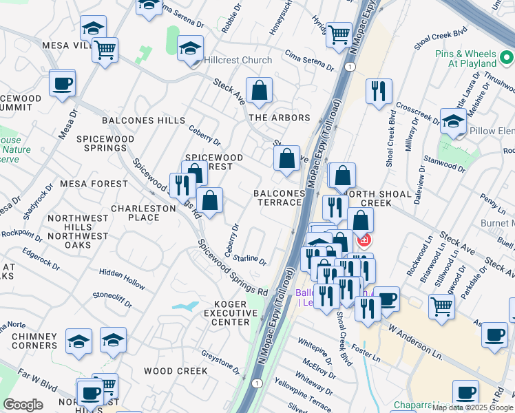map of restaurants, bars, coffee shops, grocery stores, and more near 8100 Sonnet Avenue in Austin