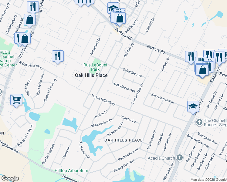 map of restaurants, bars, coffee shops, grocery stores, and more near 11843 Towering Oaks Drive in Baton Rouge