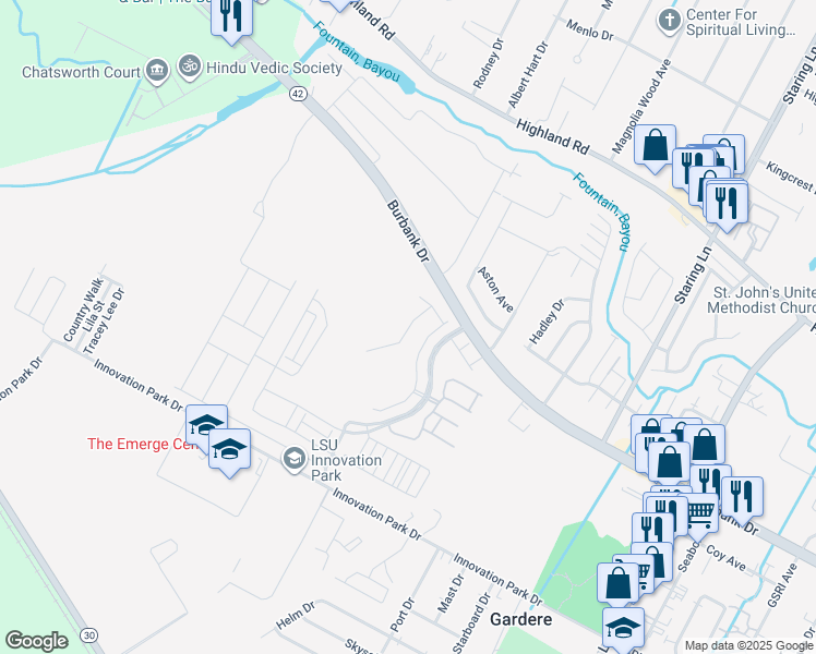 map of restaurants, bars, coffee shops, grocery stores, and more near Pelican Lakes Parkway in Baton Rouge