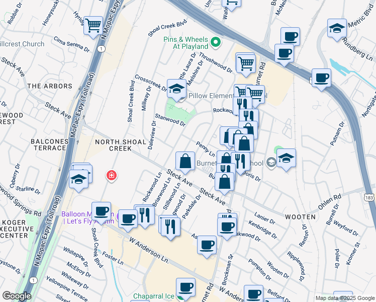 map of restaurants, bars, coffee shops, grocery stores, and more near 8303 Briarwood Lane in Austin