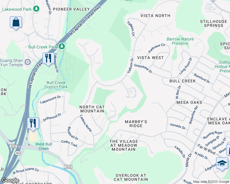 map of restaurants, bars, coffee shops, grocery stores, and more near 6808 Cat Creek Run in Austin