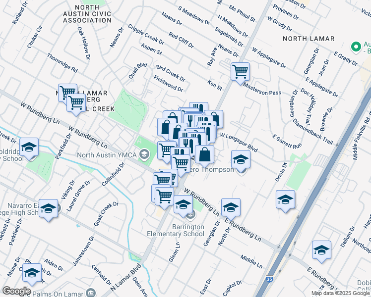 map of restaurants, bars, coffee shops, grocery stores, and more near 9616 North Lamar Boulevard in Austin