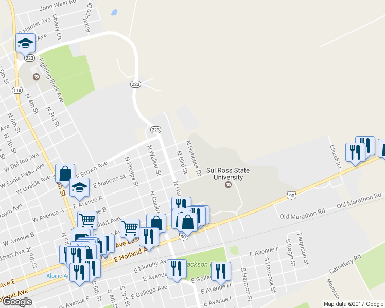 map of restaurants, bars, coffee shops, grocery stores, and more near North Hancock Drive in Alpine