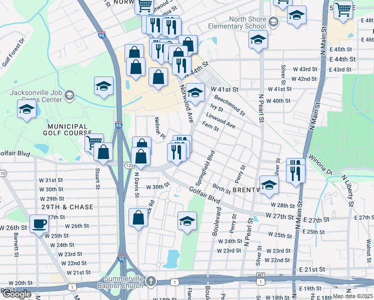 map of restaurants, bars, coffee shops, grocery stores, and more near 4425 Florida 117 in Jacksonville