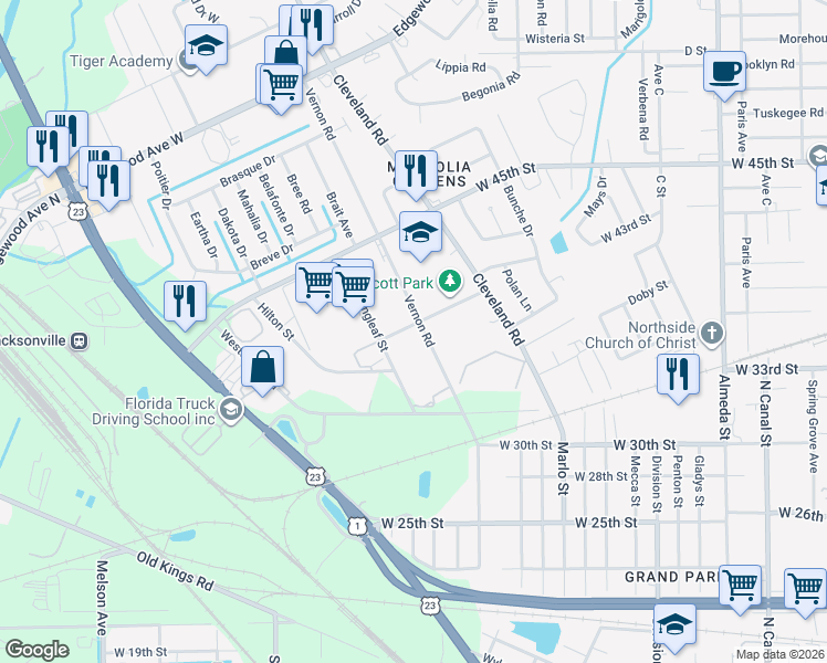map of restaurants, bars, coffee shops, grocery stores, and more near 5268 Vernon Road in Jacksonville