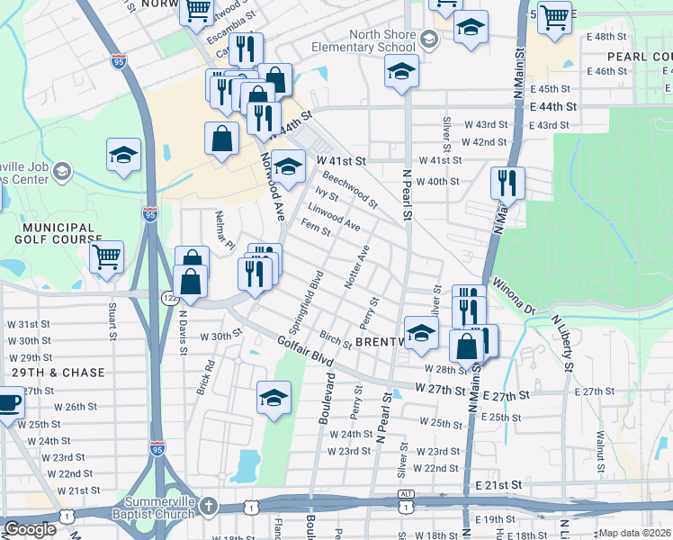 map of restaurants, bars, coffee shops, grocery stores, and more near 529 Alder Street in Jacksonville