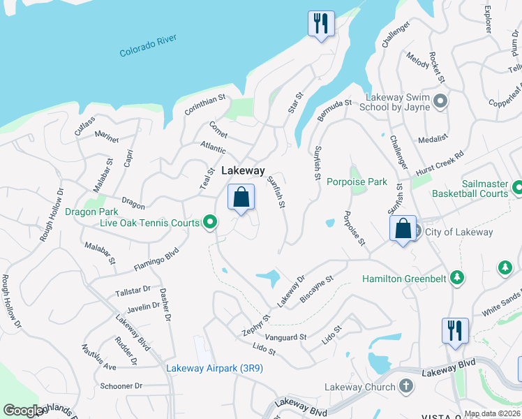 map of restaurants, bars, coffee shops, grocery stores, and more near 408 Seawind in Lakeway