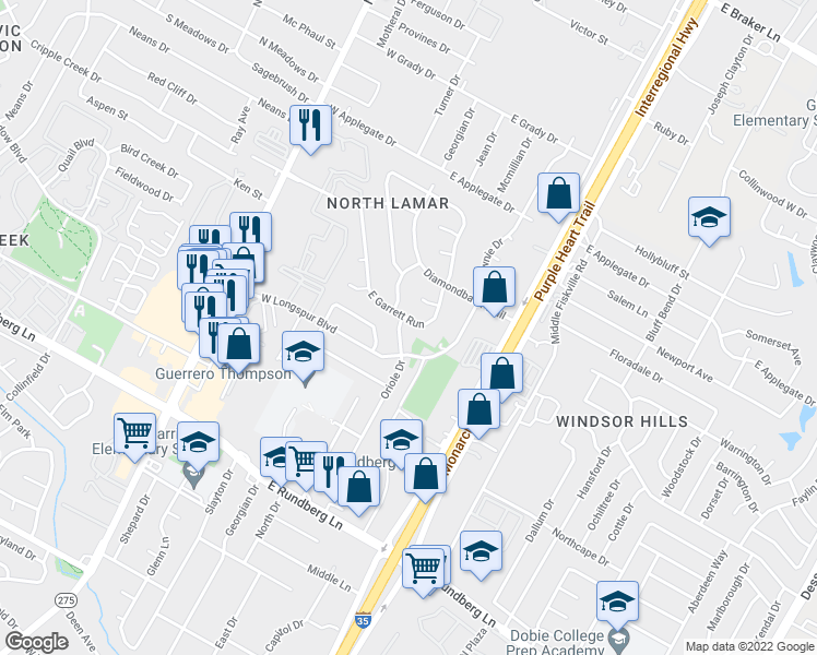 map of restaurants, bars, coffee shops, grocery stores, and more near 303 East Garrett Run in Austin