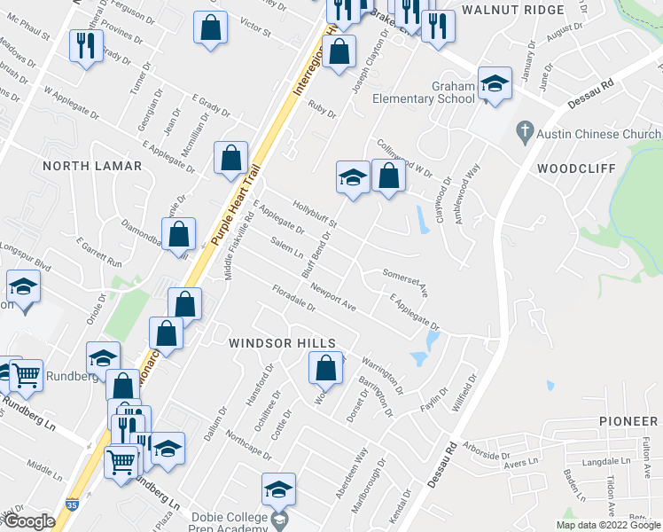 map of restaurants, bars, coffee shops, grocery stores, and more near 1004 Salem Lane in Austin