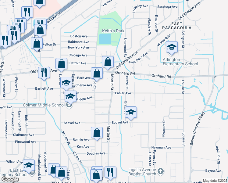 map of restaurants, bars, coffee shops, grocery stores, and more near 3801 Lanier Avenue in Pascagoula
