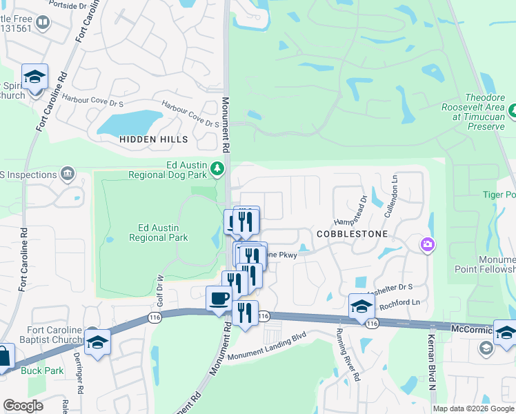map of restaurants, bars, coffee shops, grocery stores, and more near 3333 Monument Road in Jacksonville