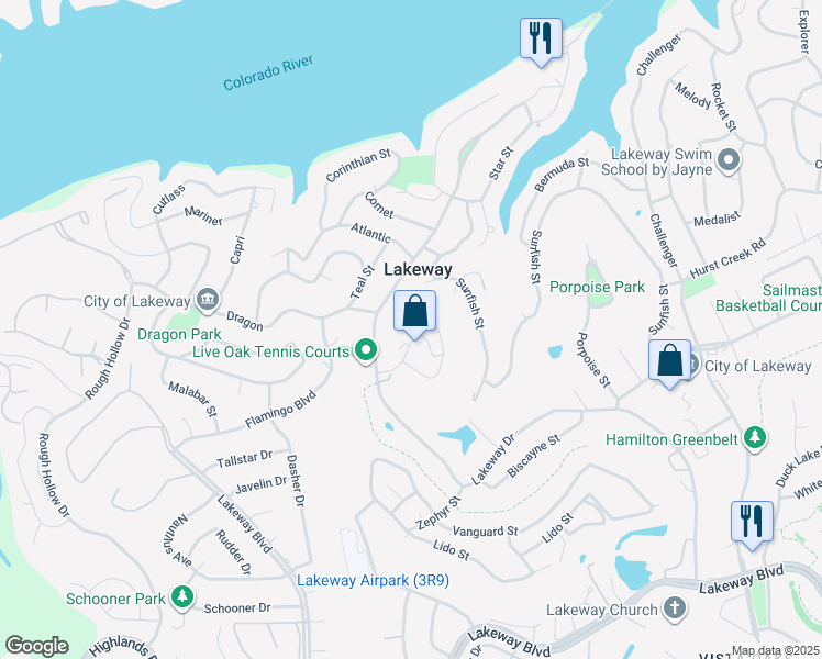 map of restaurants, bars, coffee shops, grocery stores, and more near 302 Seawind in Lakeway