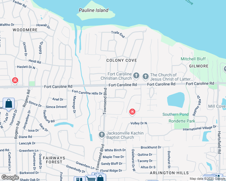 map of restaurants, bars, coffee shops, grocery stores, and more near 3528 Colony Cove Trail in Jacksonville