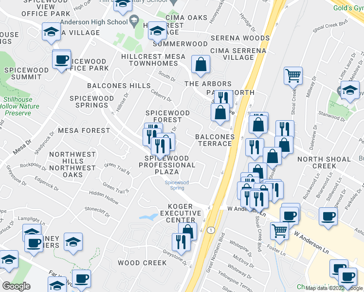 map of restaurants, bars, coffee shops, grocery stores, and more near 3605 Brownwood Drive in Austin