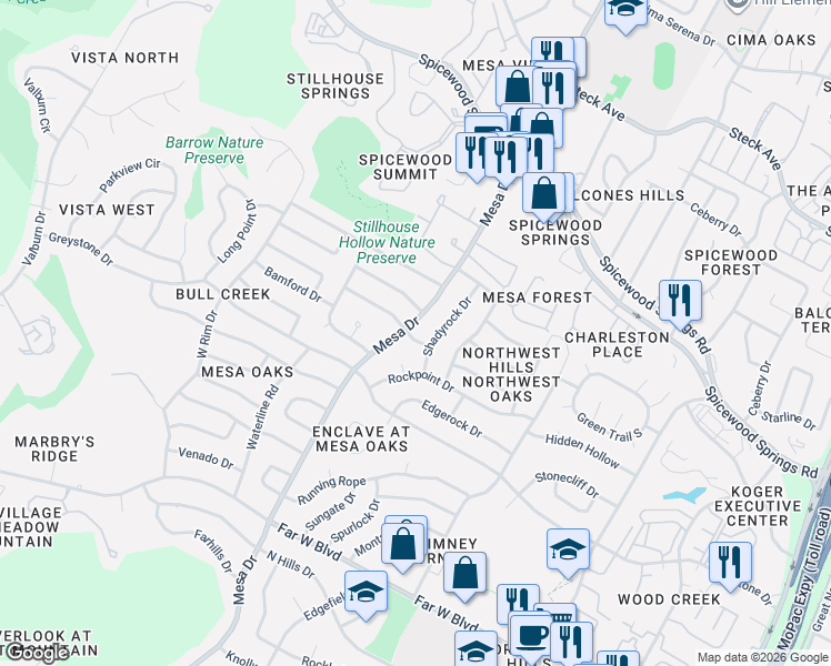 map of restaurants, bars, coffee shops, grocery stores, and more near 7701 Mesa Drive in Austin