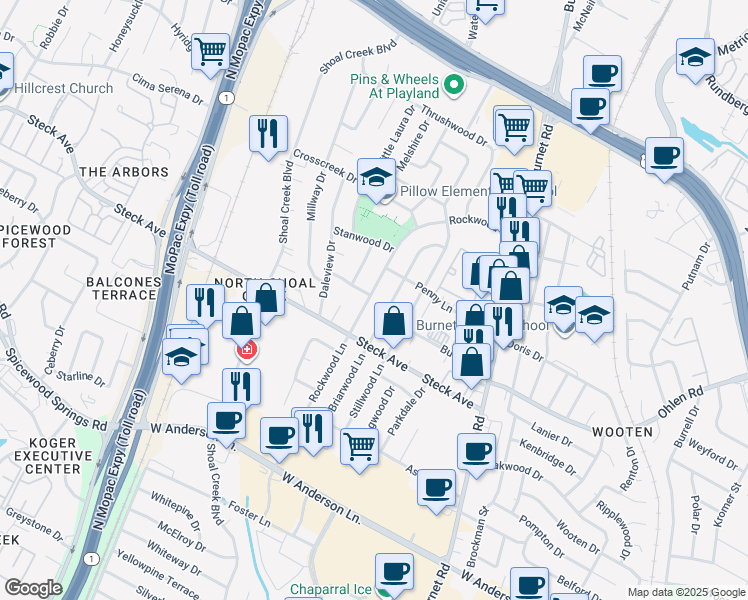 map of restaurants, bars, coffee shops, grocery stores, and more near 8215 Rockwood Lane in Austin