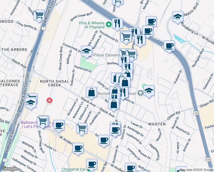 map of restaurants, bars, coffee shops, grocery stores, and more near 2602 Penny Lane in Austin