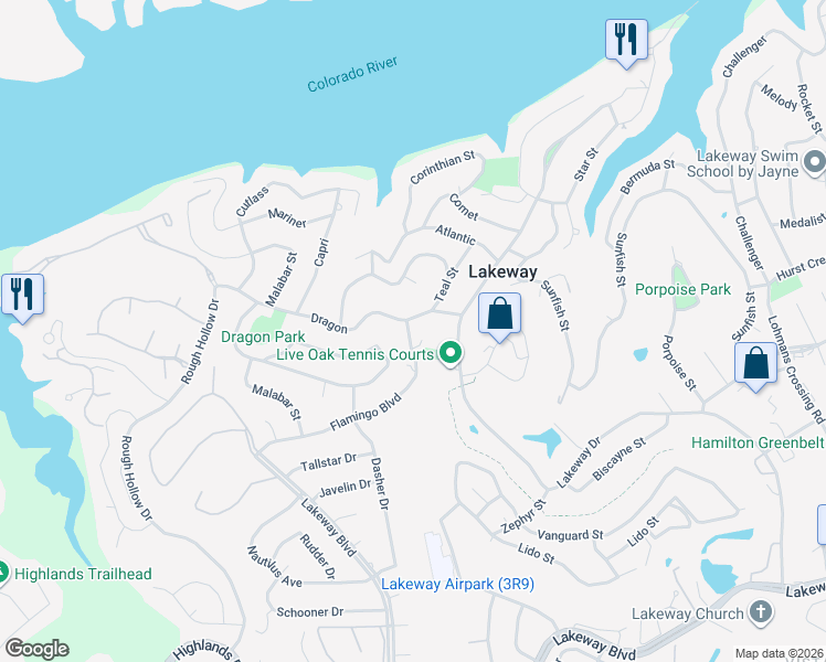 map of restaurants, bars, coffee shops, grocery stores, and more near 512 Dragon in Lakeway