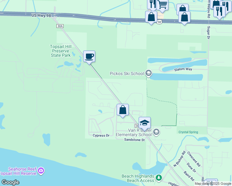 map of restaurants, bars, coffee shops, grocery stores, and more near 90 Albatross Court in Santa Rosa Beach