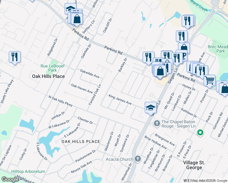 map of restaurants, bars, coffee shops, grocery stores, and more near 12332 Shireburk Ave in Baton Rouge