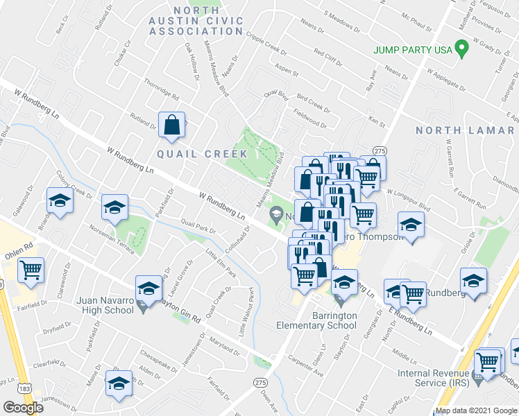 map of restaurants, bars, coffee shops, grocery stores, and more near 10 Mearns Meadow Boulevard in Austin