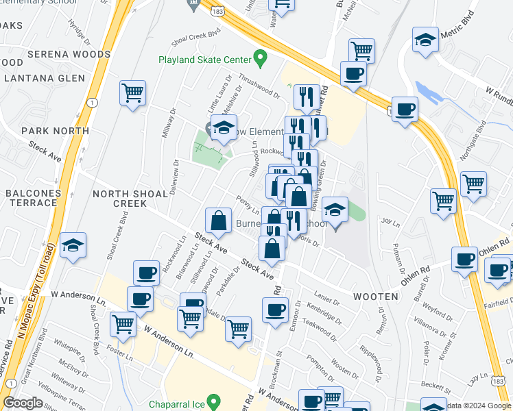 map of restaurants, bars, coffee shops, grocery stores, and more near 2602 Penny Lane in Austin