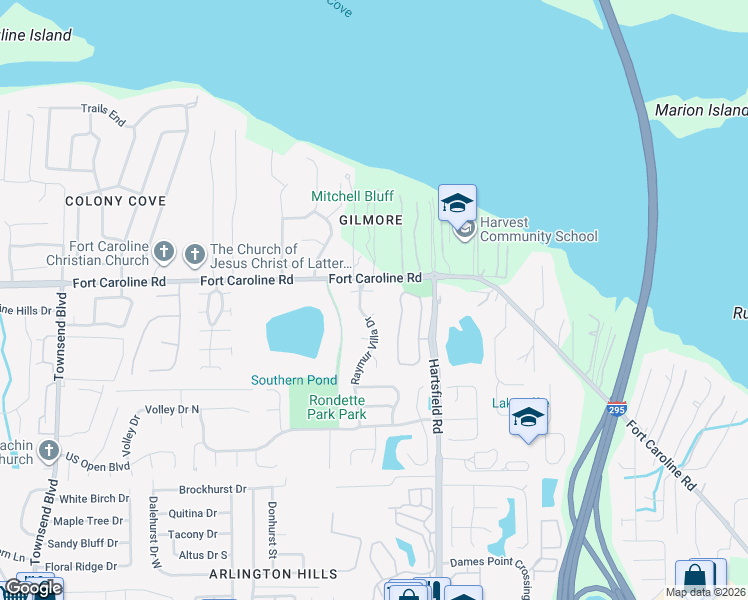 map of restaurants, bars, coffee shops, grocery stores, and more near 8038 Voltaire Court West in Jacksonville