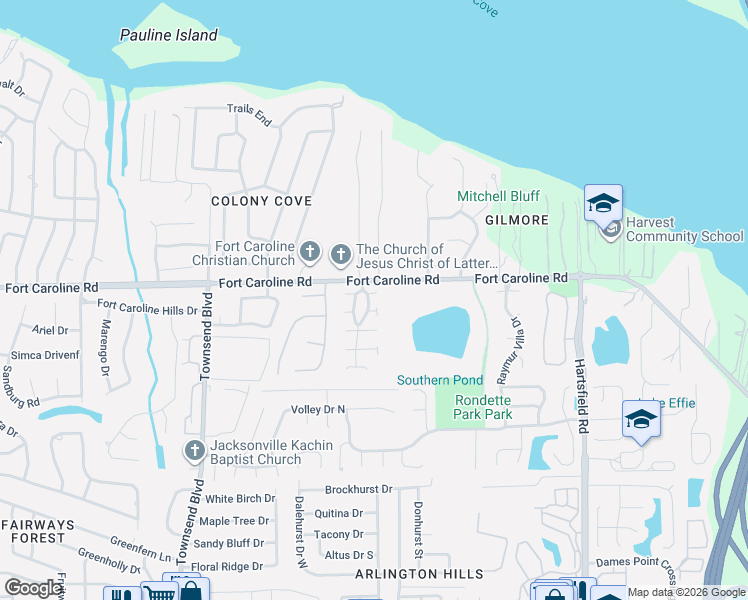 map of restaurants, bars, coffee shops, grocery stores, and more near 7750 Manassas Court East in Jacksonville