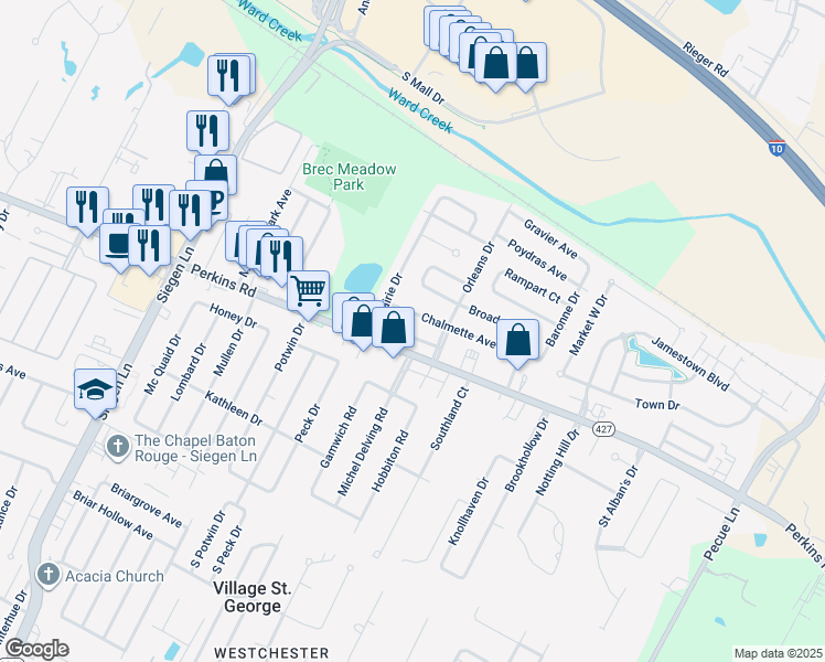 map of restaurants, bars, coffee shops, grocery stores, and more near 13730 Chalmette Avenue in Baton Rouge
