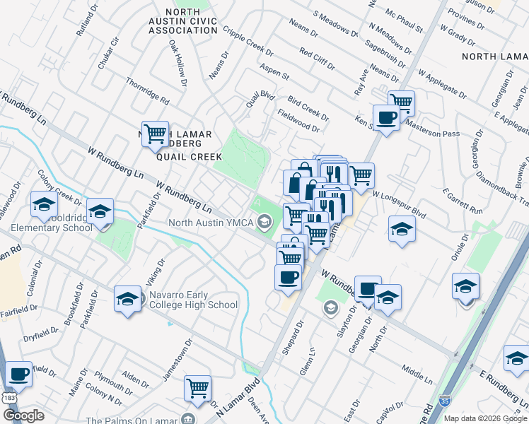 map of restaurants, bars, coffee shops, grocery stores, and more near 901 Park Village Cove in Austin