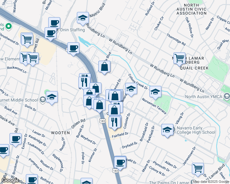 map of restaurants, bars, coffee shops, grocery stores, and more near in Austin