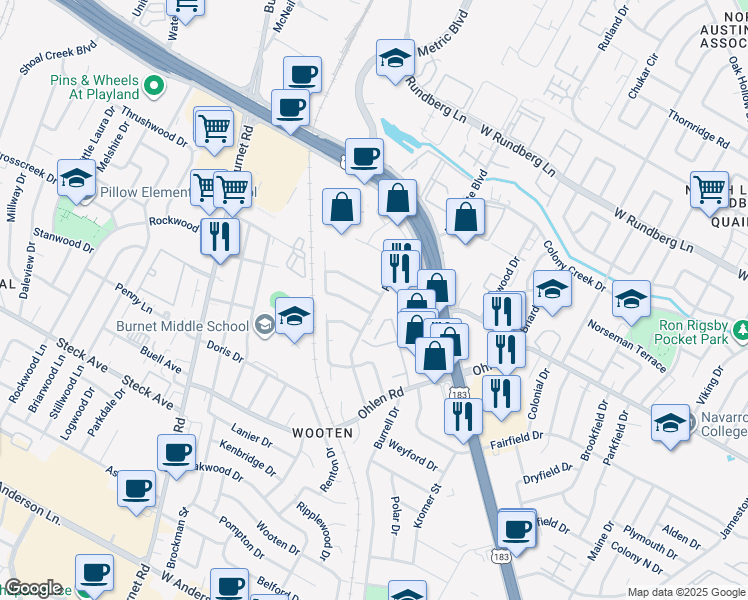 map of restaurants, bars, coffee shops, grocery stores, and more near 8615 Putnam Drive in Austin