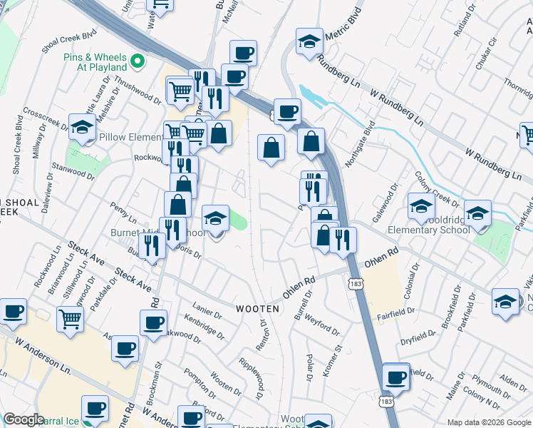 map of restaurants, bars, coffee shops, grocery stores, and more near 1919 Hearthside Drive in Austin