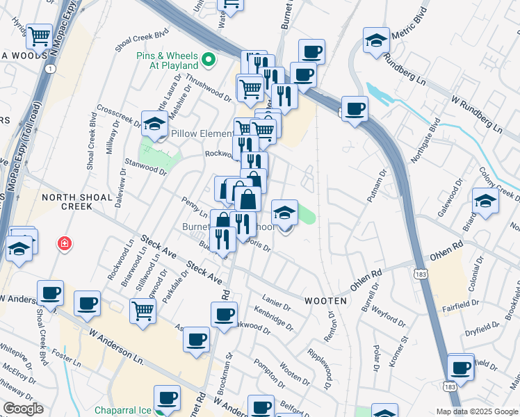 map of restaurants, bars, coffee shops, grocery stores, and more near 8501 Burnet Road in Austin
