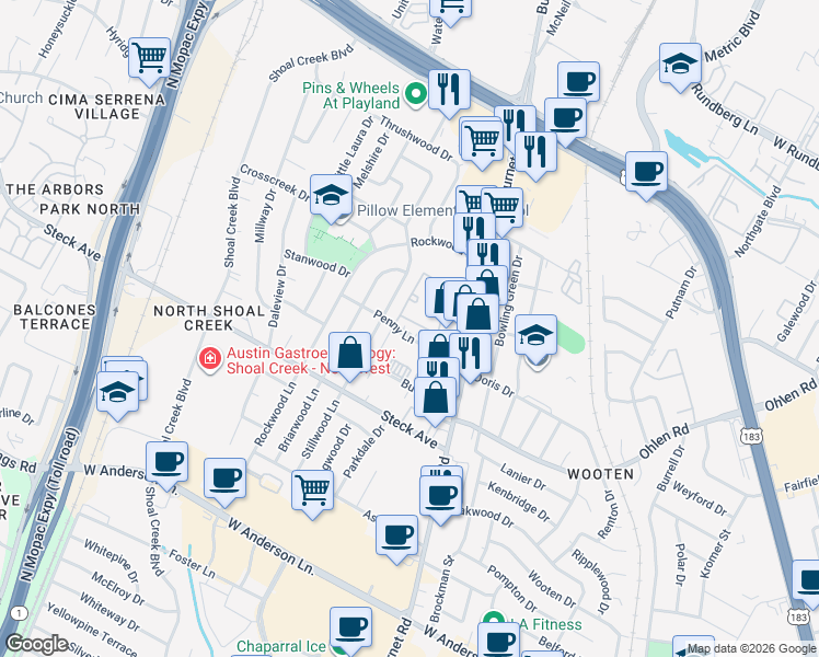 map of restaurants, bars, coffee shops, grocery stores, and more near 2602 Penny Lane in Austin