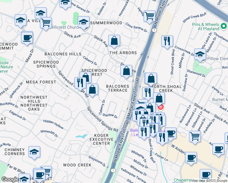 map of restaurants, bars, coffee shops, grocery stores, and more near 8100 Sonnet Avenue in Austin