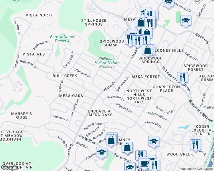 map of restaurants, bars, coffee shops, grocery stores, and more near 7604 Mesa Drive in Austin