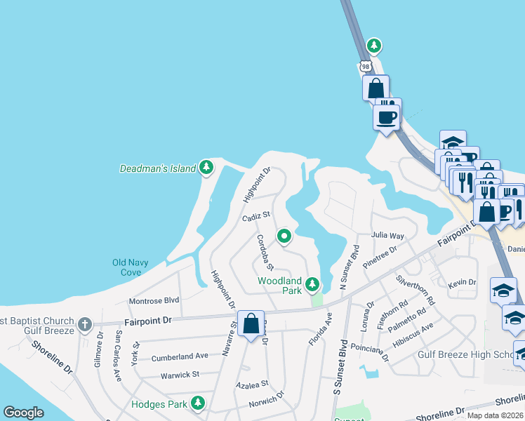 map of restaurants, bars, coffee shops, grocery stores, and more near 8 Cadiz Street in Gulf Breeze
