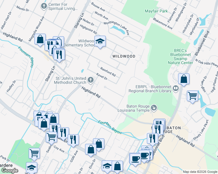 map of restaurants, bars, coffee shops, grocery stores, and more near 9703 Myrtle Lane in Baton Rouge