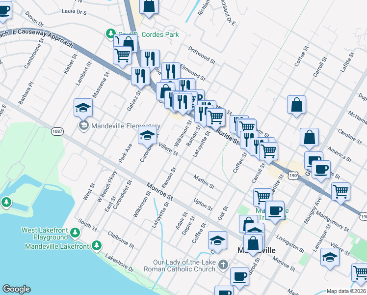 map of restaurants, bars, coffee shops, grocery stores, and more near 720 Ramon Street in Mandeville