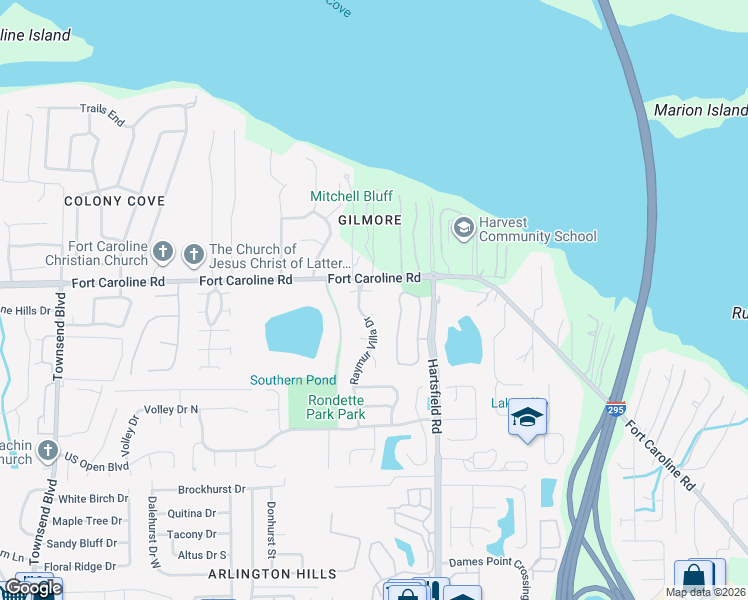 map of restaurants, bars, coffee shops, grocery stores, and more near 8038 Voltaire Court West in Jacksonville