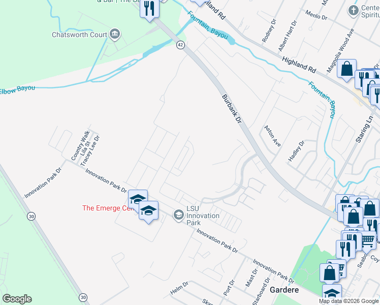 map of restaurants, bars, coffee shops, grocery stores, and more near 1106 Foxtail Drive in Baton Rouge